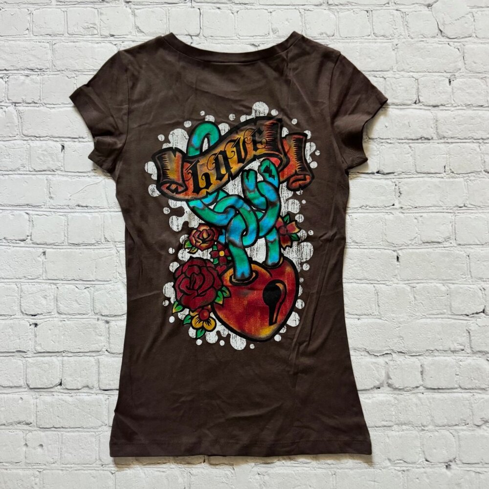New Vocal Apparel Womens Crystal Brown Heart LOVE Lightweight T Shirt S Small
